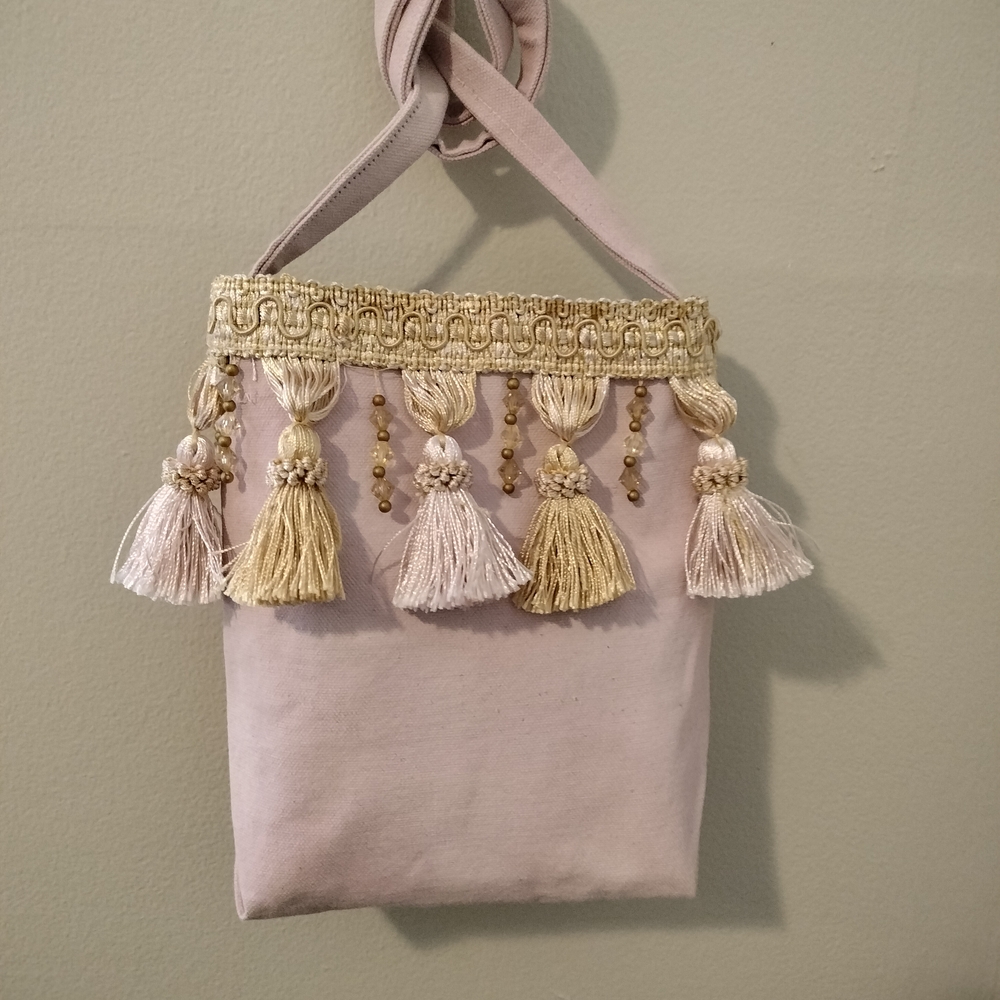 Cross Body Bag, approx. 7"X 7". Pink And Gold Beaded Trim